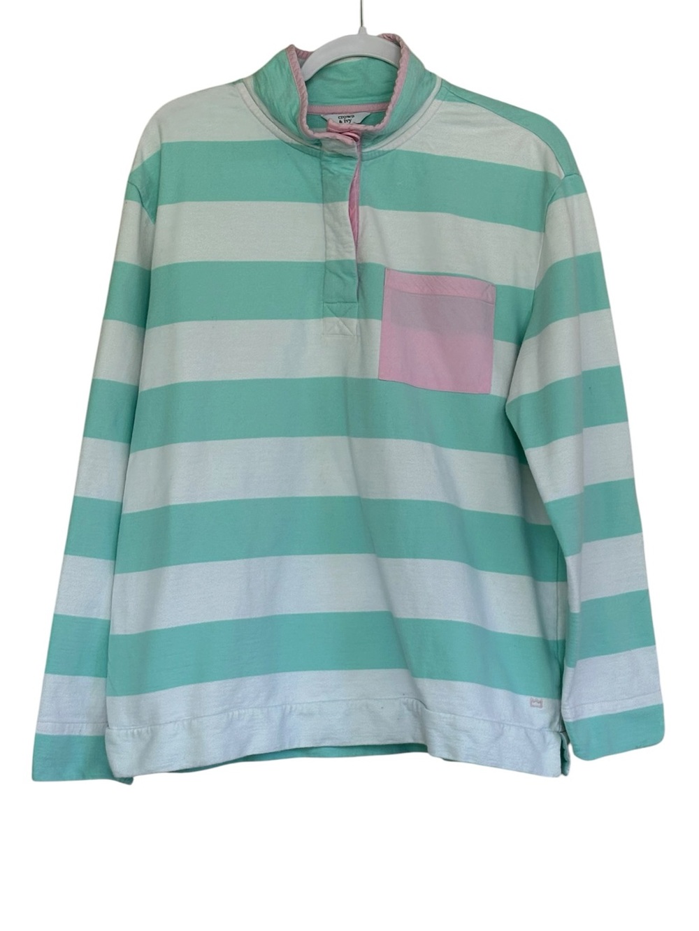 crown & ivy Mint Green and White Striped Polo Jersey Long Sleeve Shirt Size L